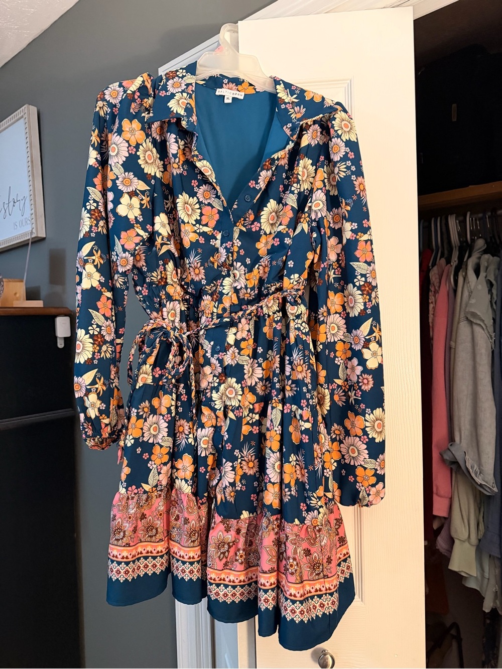 Baltic Born Navy Floral Long Sleeve Tiered Dress with Pink Border